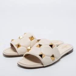 Valentino White Leather Studded Slide Flats