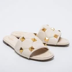 Valentino White Leather Studded Slide Flats