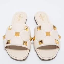 Valentino White Leather Studded Slide Flats