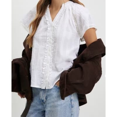 White Frill Detail Short Sleeve Blouse