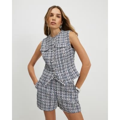 Blue Sleeveless Boucle Fringed Waistcoat