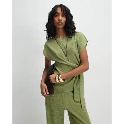 Green Short Sleeve Textured Twist Front Top