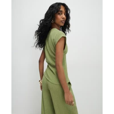 Green Short Sleeve Textured Twist Front Top