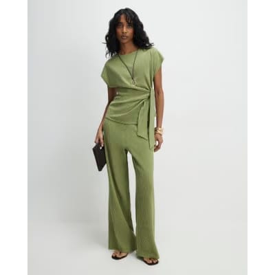 Green Short Sleeve Textured Twist Front Top