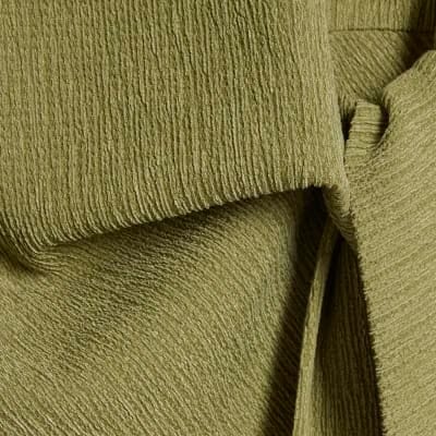 Green Short Sleeve Textured Twist Front Top