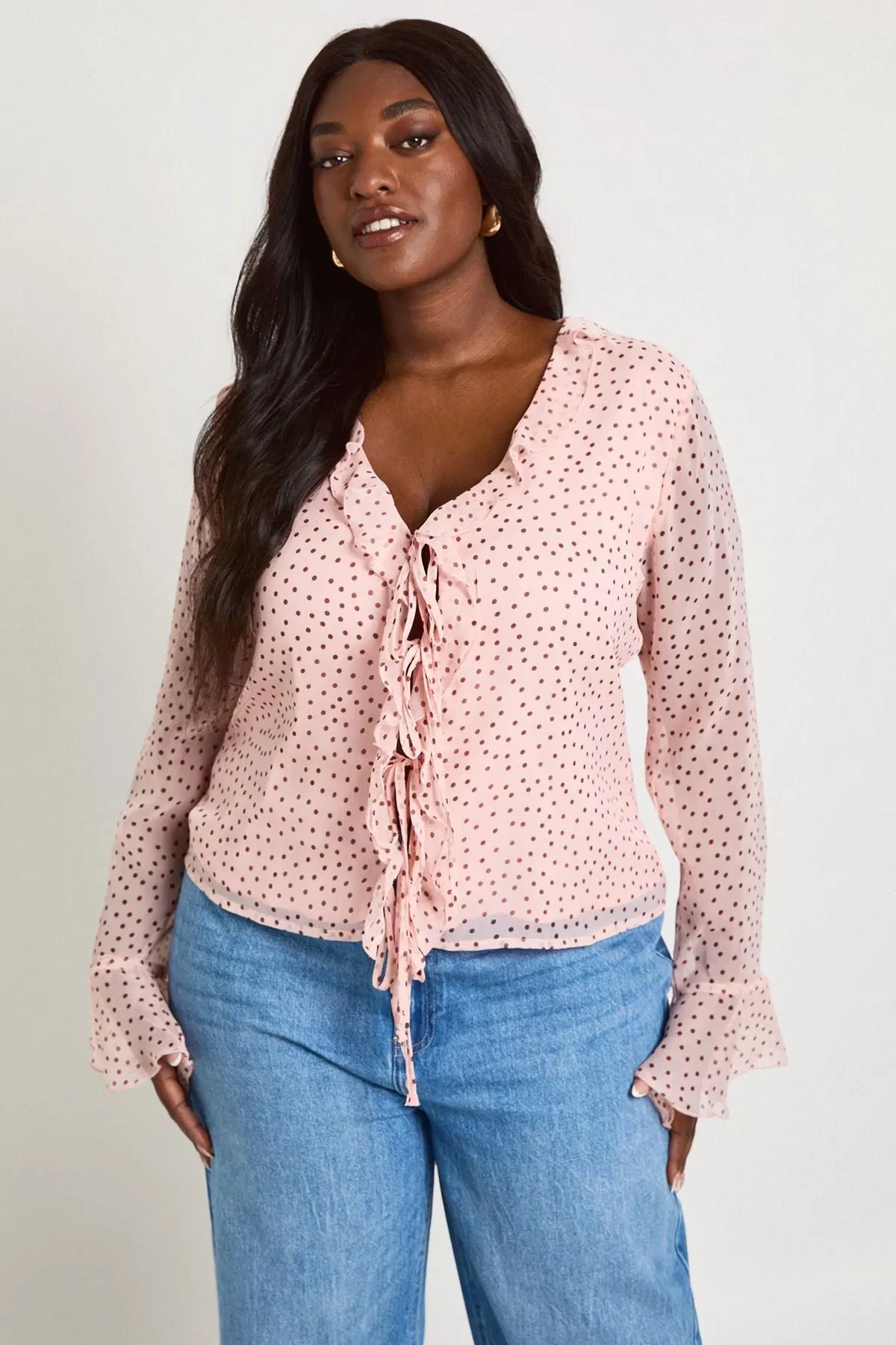 Plus Polka Dot Chiffon Ruffle Blouse