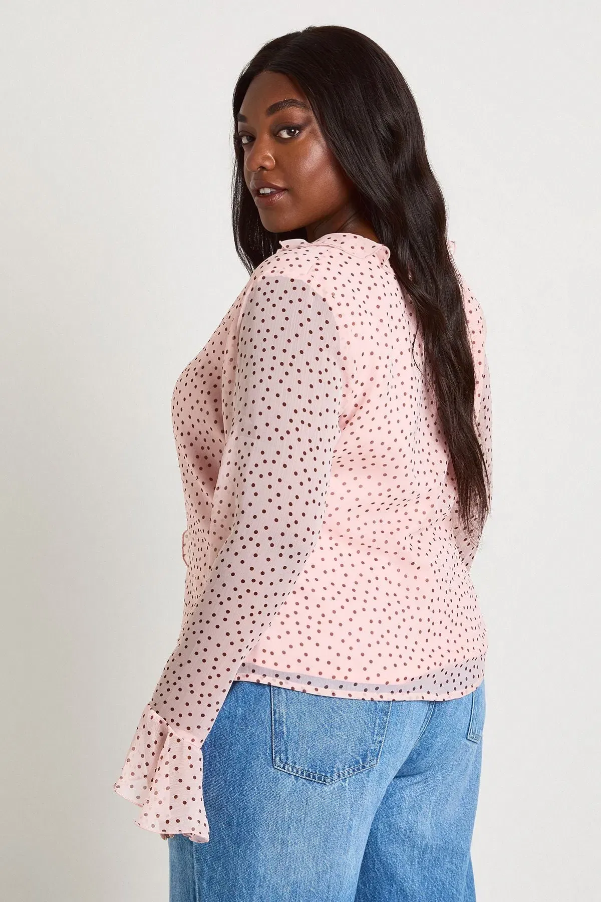 Plus Polka Dot Chiffon Ruffle Blouse