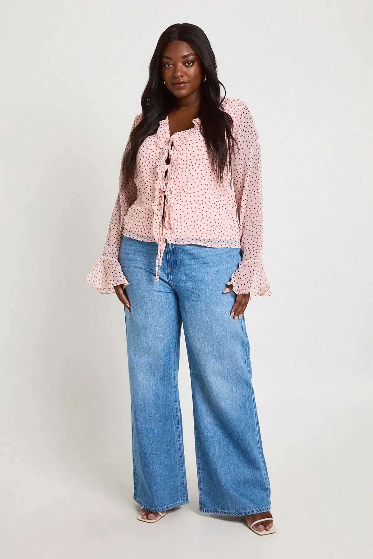Plus Polka Dot Chiffon Ruffle Blouse