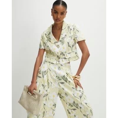 Green Linen Blend Floral Scallop Trim Jacket
