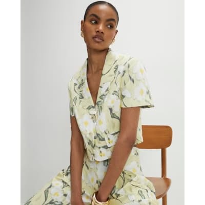 Green Linen Blend Floral Scallop Trim Jacket