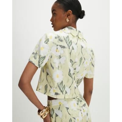 Green Linen Blend Floral Scallop Trim Jacket