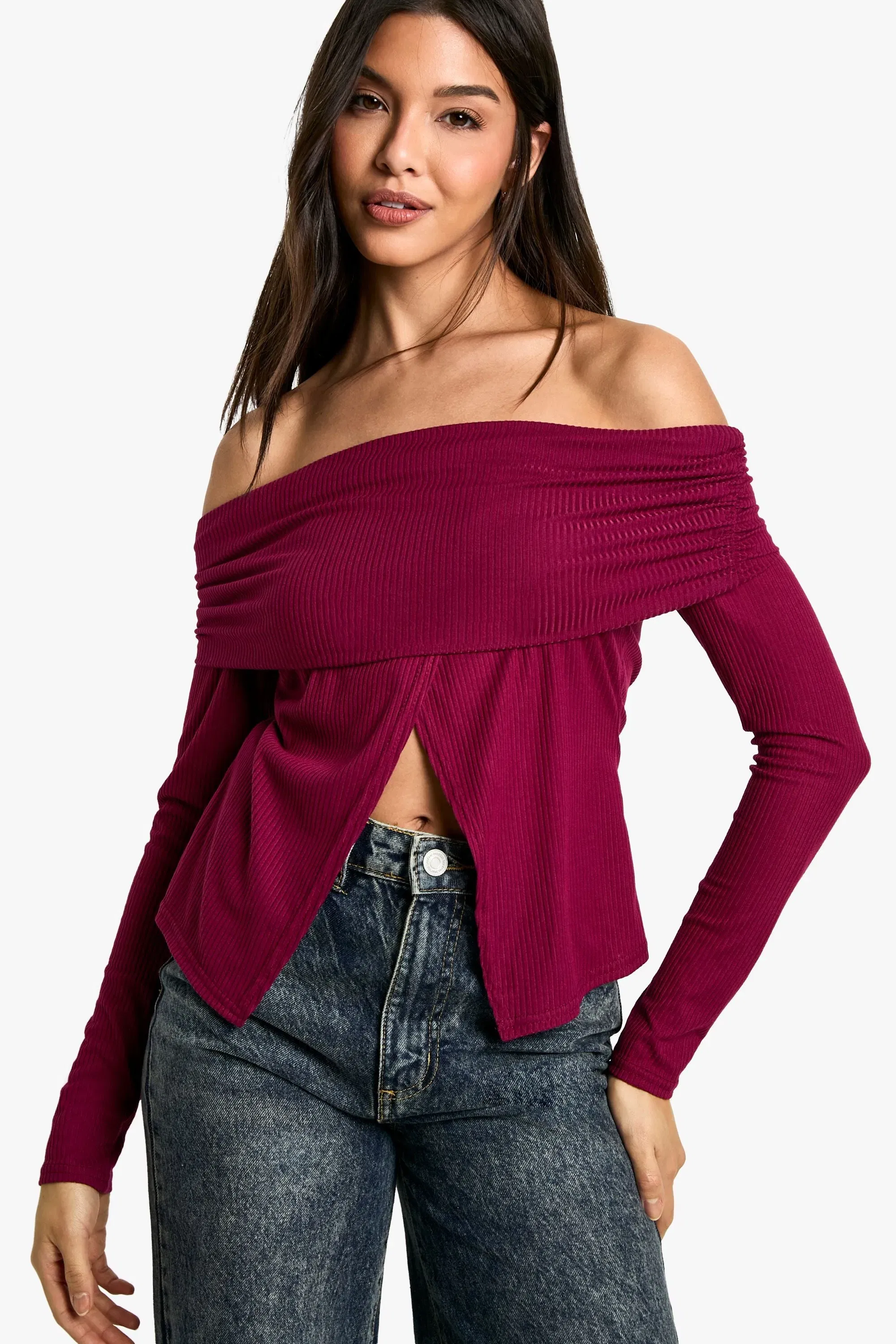 Soft Rib Bardot Top With Split Hem