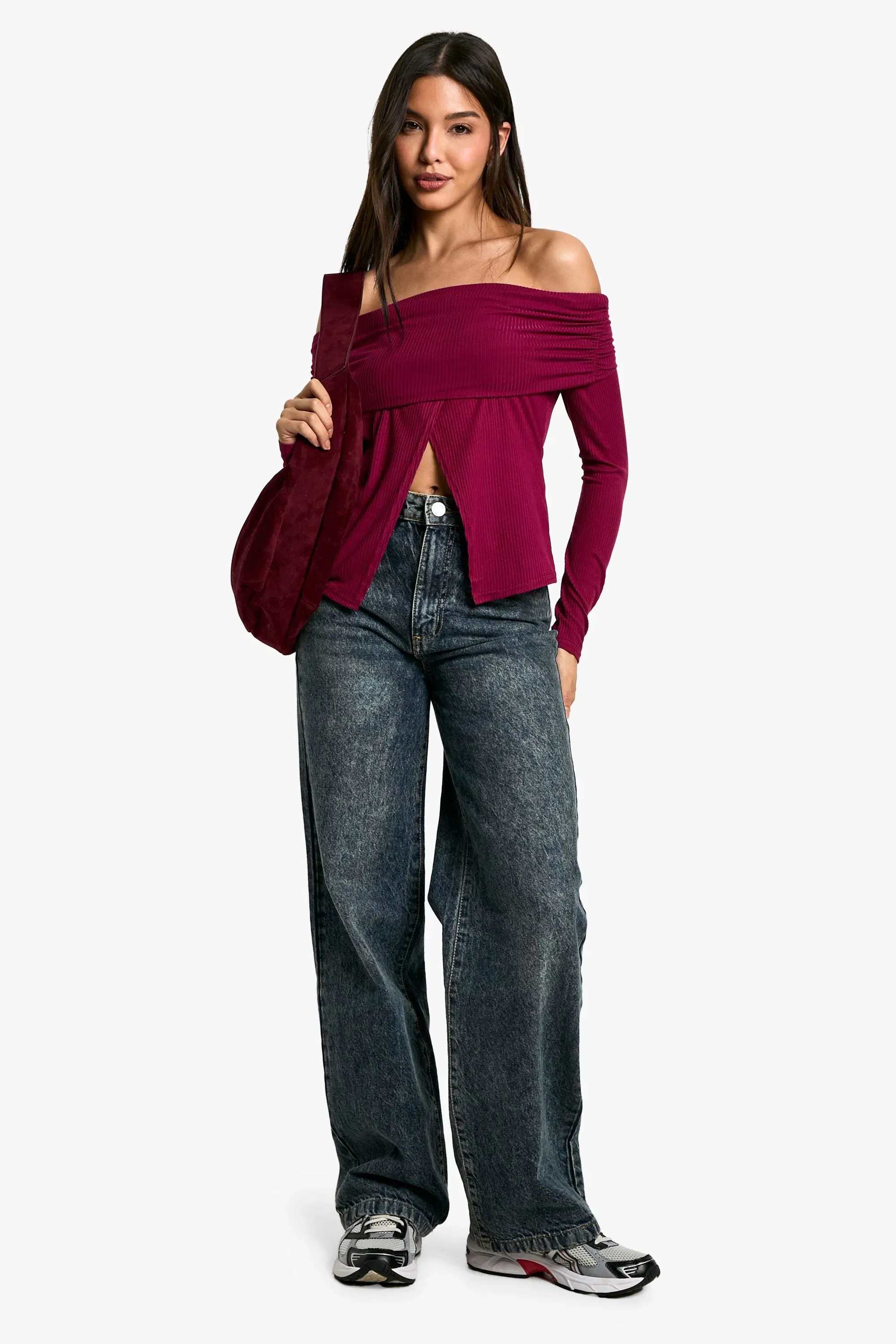 Soft Rib Bardot Top With Split Hem