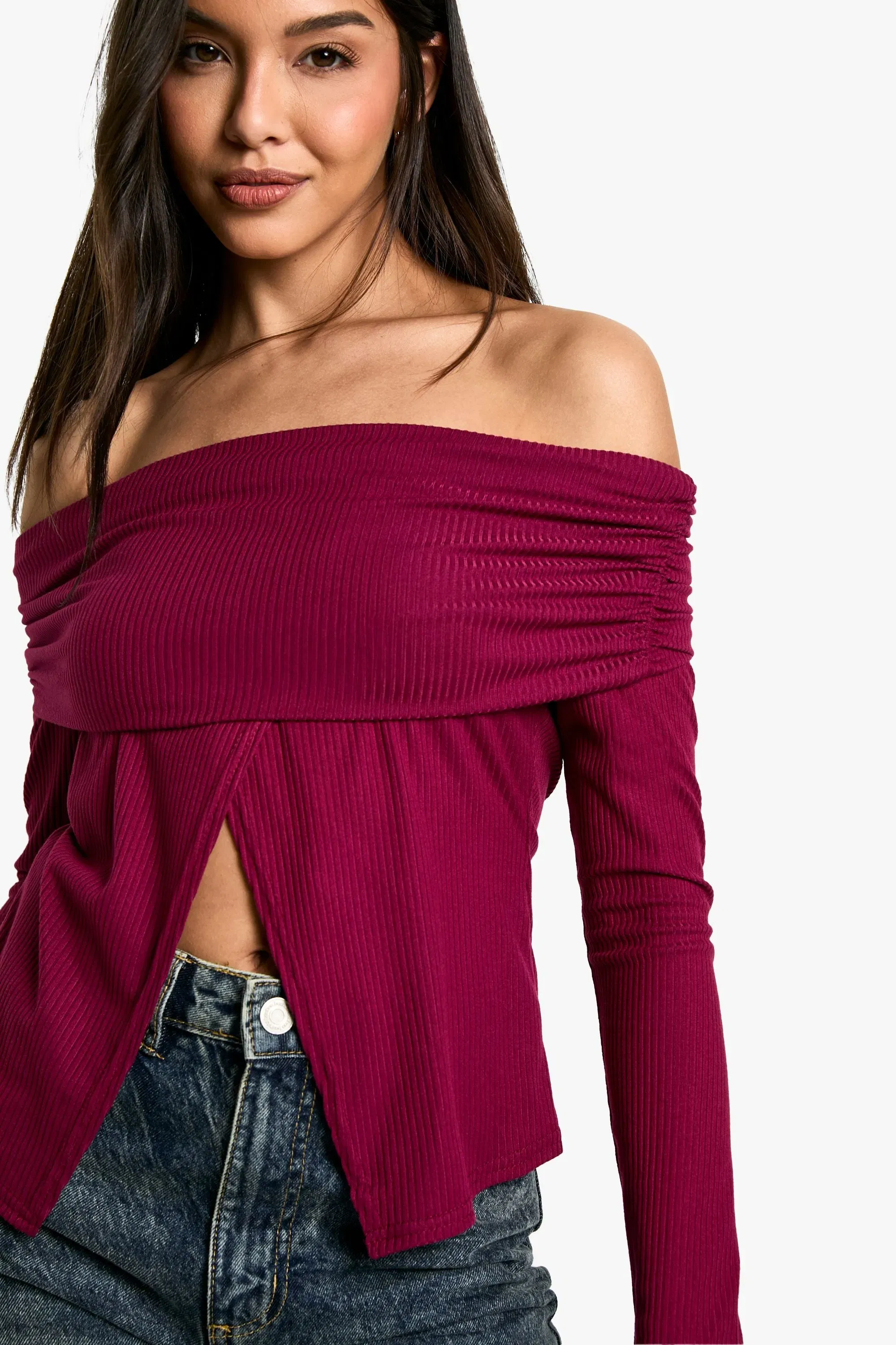 Soft Rib Bardot Top With Split Hem