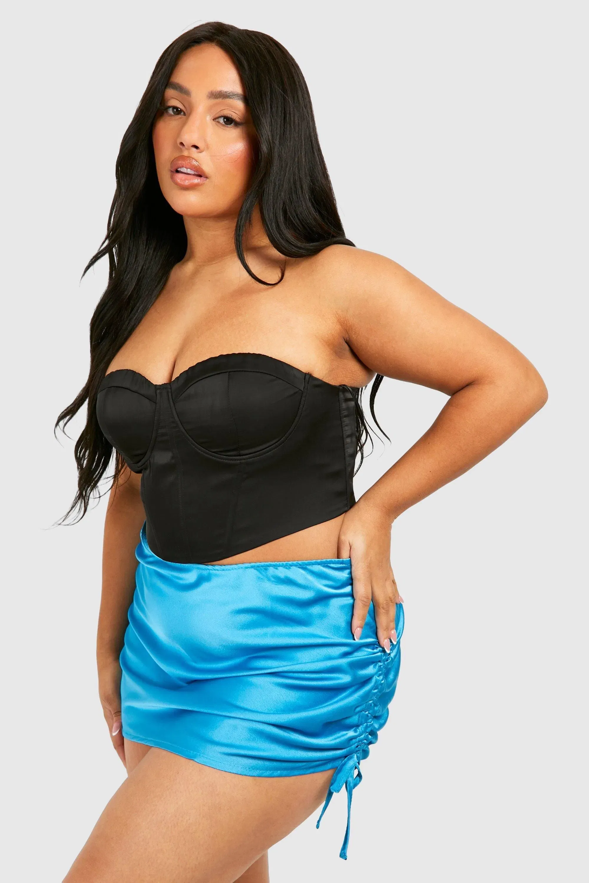 Plus Satin Detail Ruched Side Mini Skirt