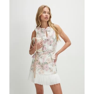 Cream Floral Bow Front Boucle Dress