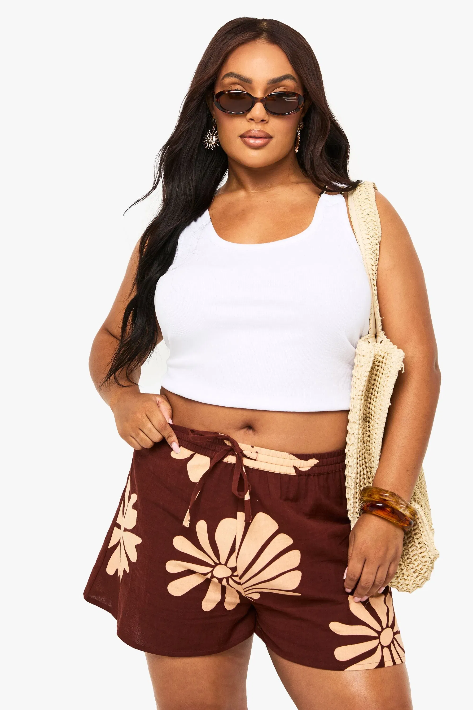 Plus Shell Print Linen Shorts