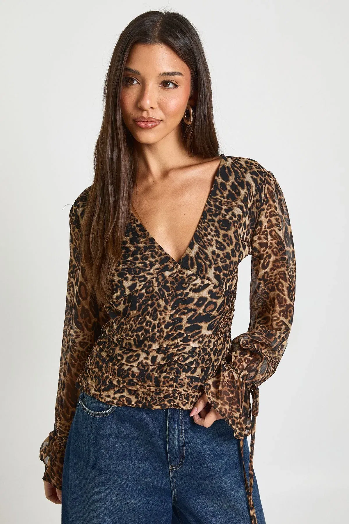 Leopard Chiffon Tie Cuff Blouse
