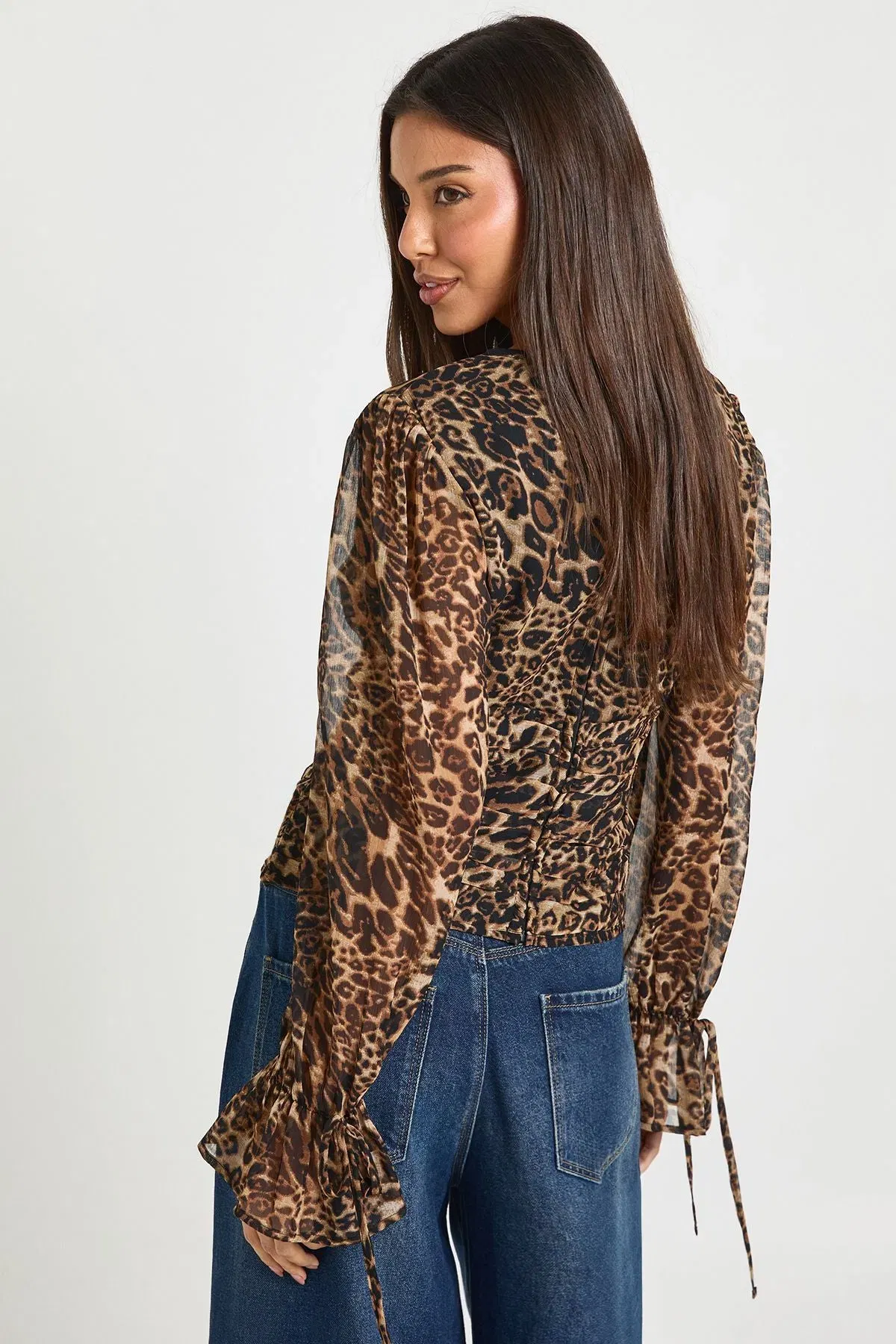 Leopard Chiffon Tie Cuff Blouse