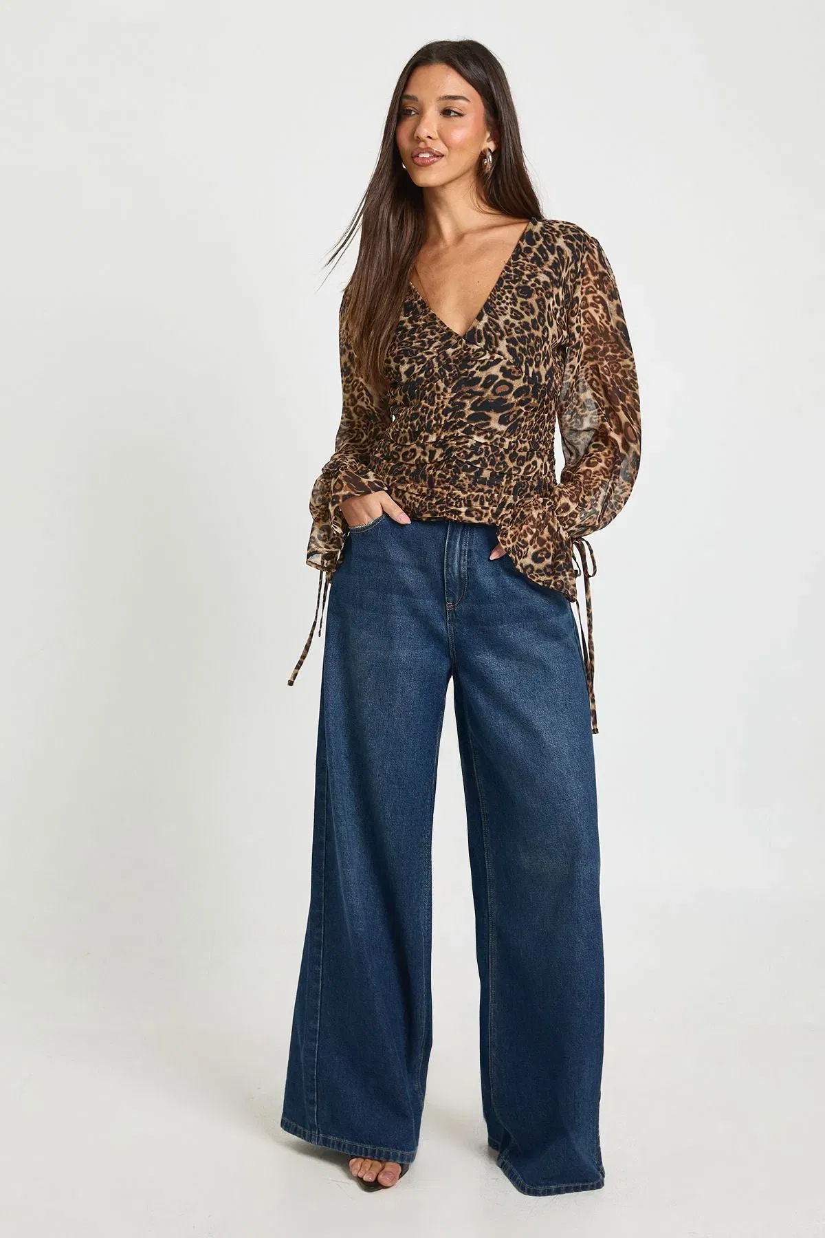 Leopard Chiffon Tie Cuff Blouse