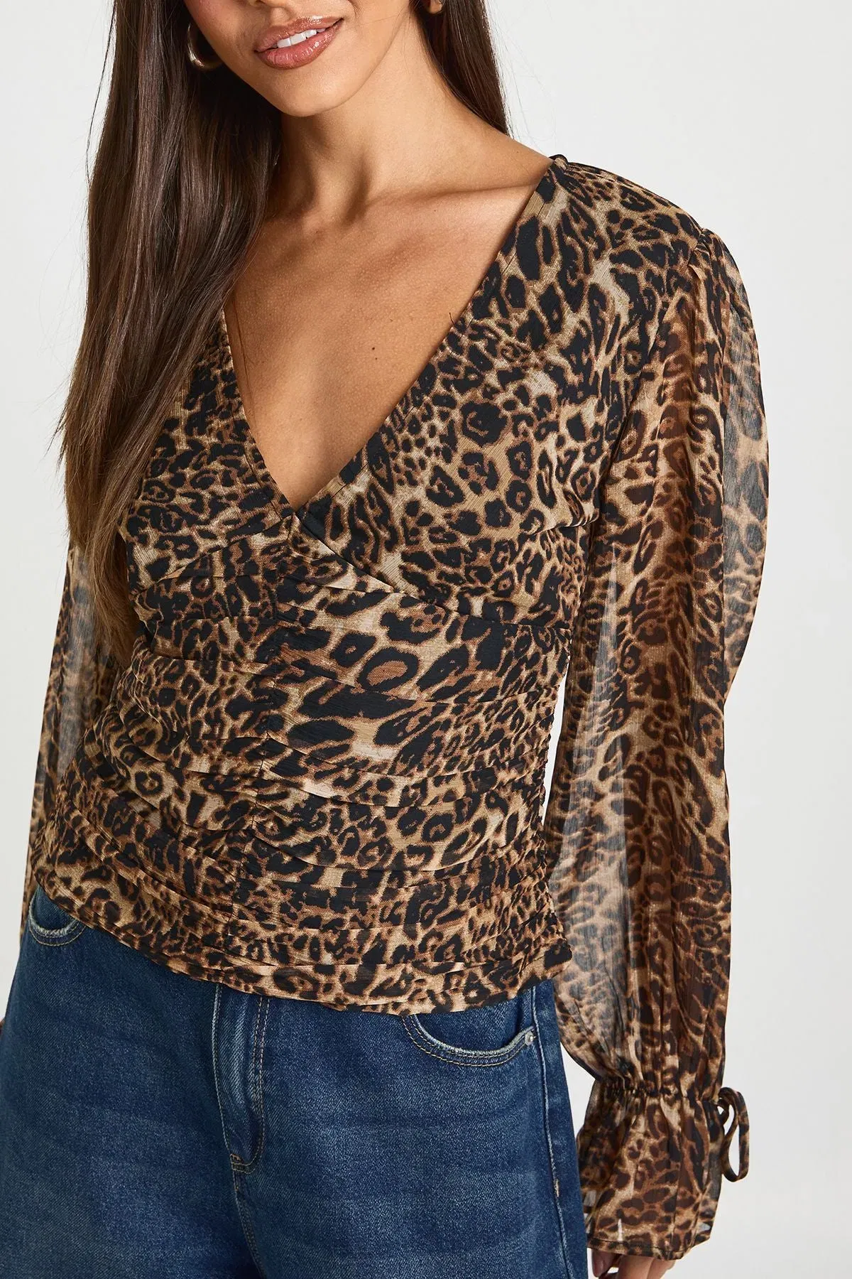 Leopard Chiffon Tie Cuff Blouse