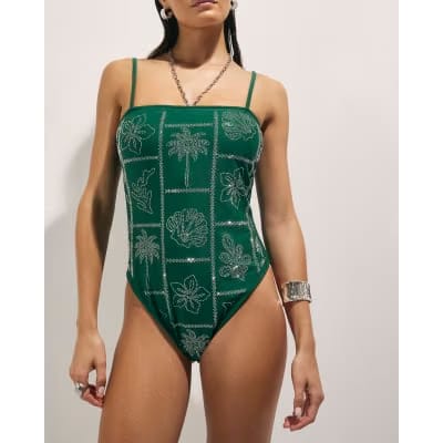 Green Strappy Embellished Swimsuit