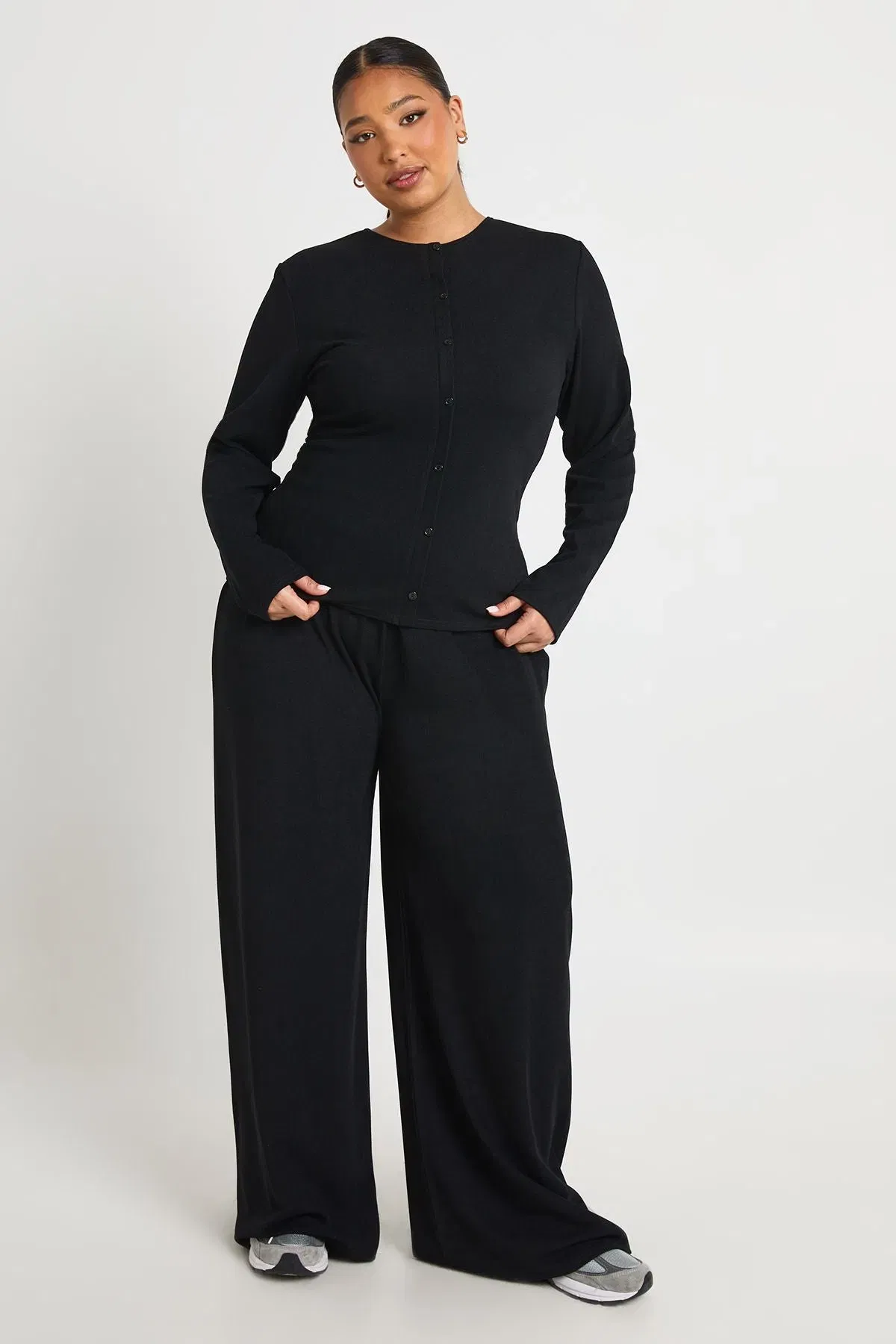Plus Rib Button Through Long Sleeve Top & Trouser Co Ord