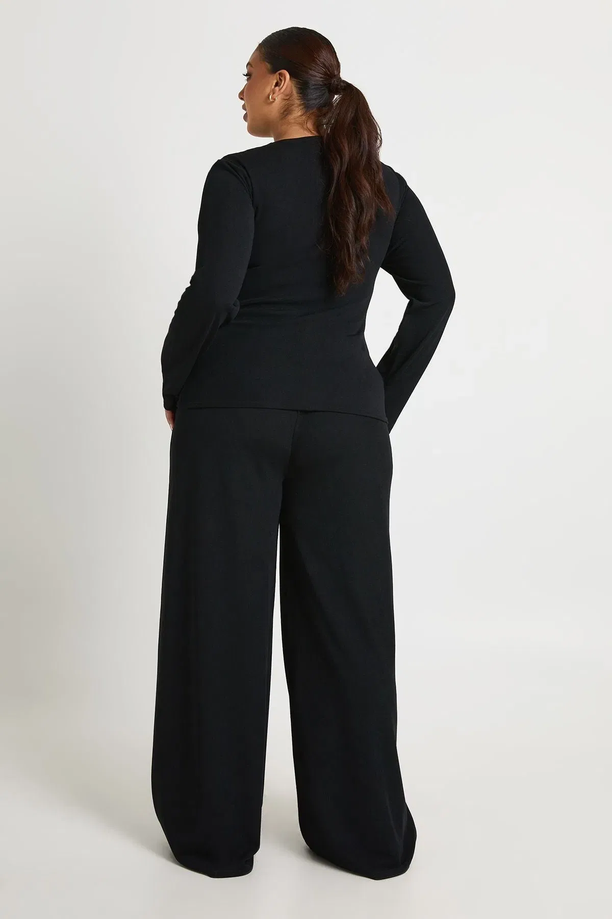Plus Rib Button Through Long Sleeve Top & Trouser Co Ord