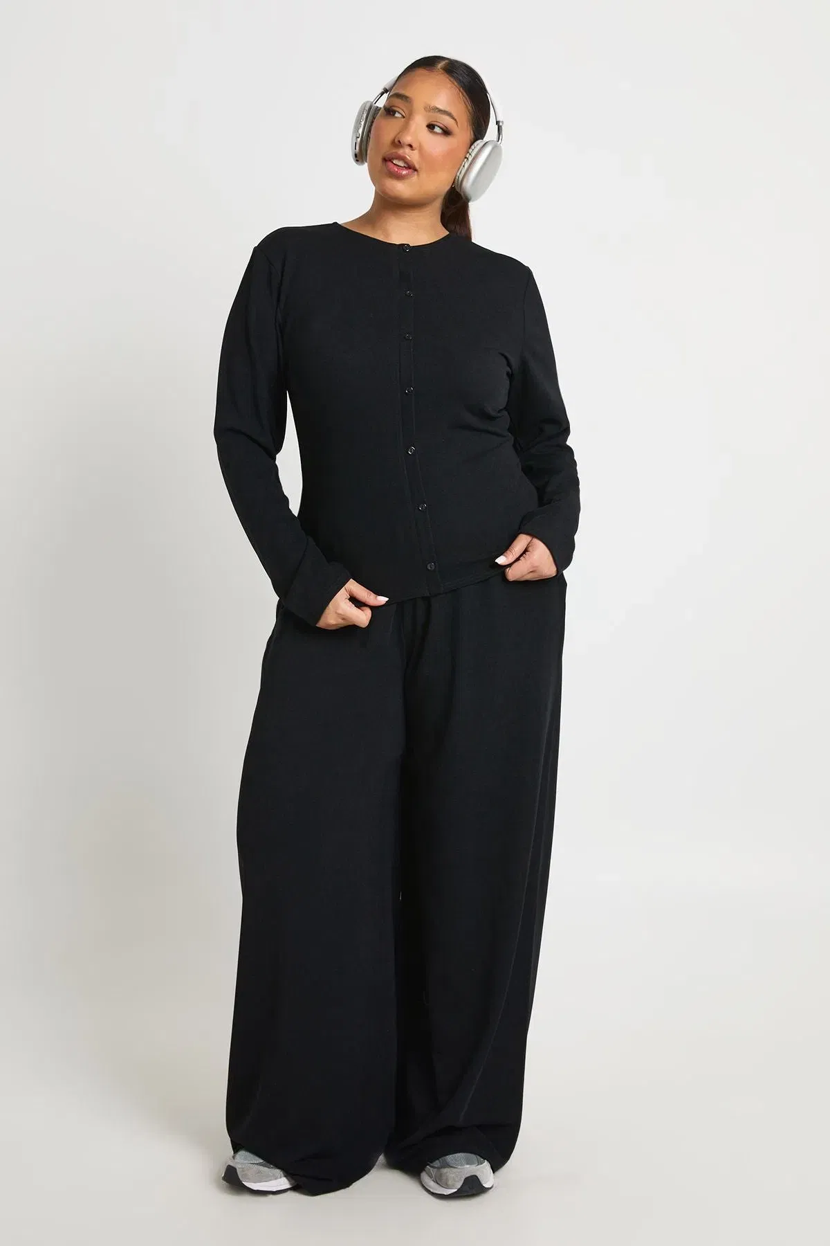 Plus Rib Button Through Long Sleeve Top & Trouser Co Ord