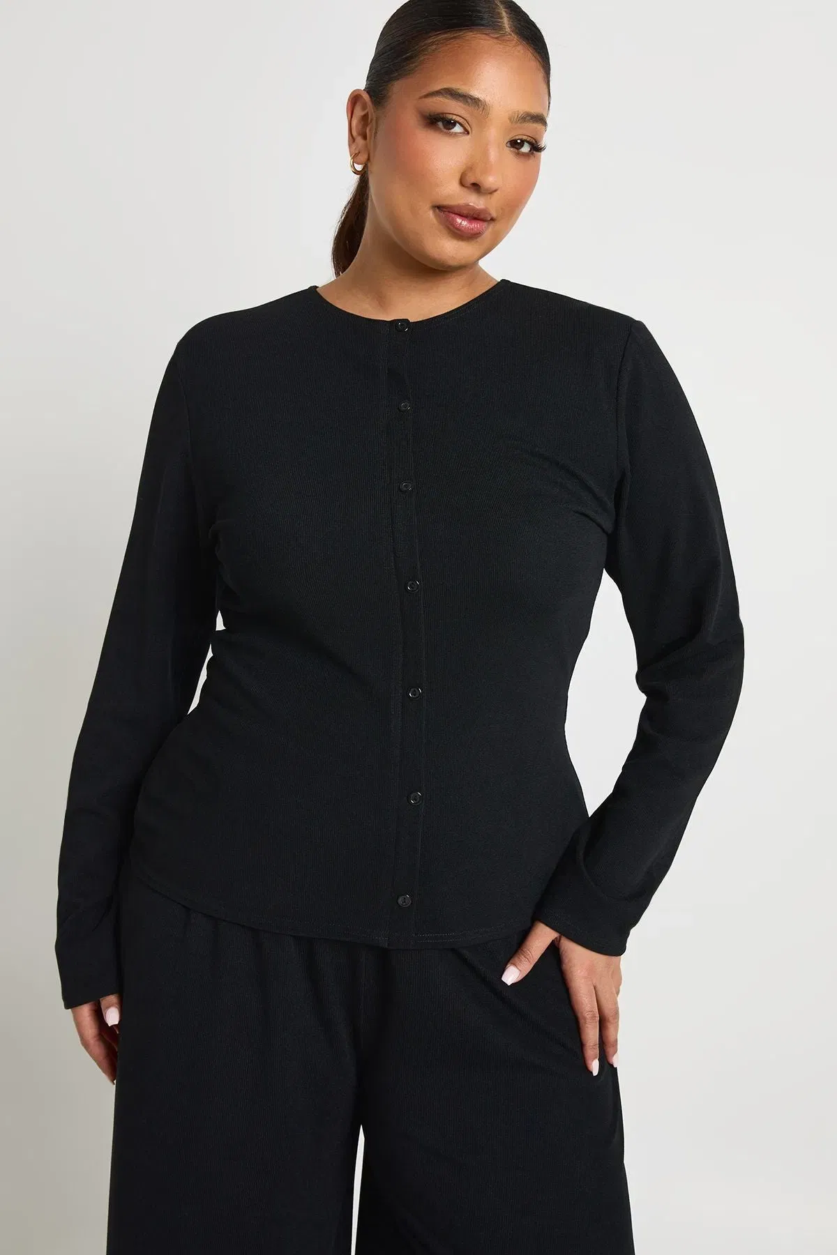 Plus Rib Button Through Long Sleeve Top & Trouser Co Ord