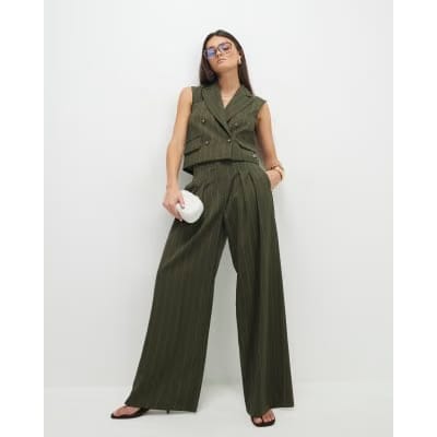 Green pinstripe wide leg trousers