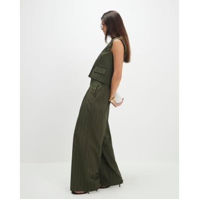 Green pinstripe wide leg trousers