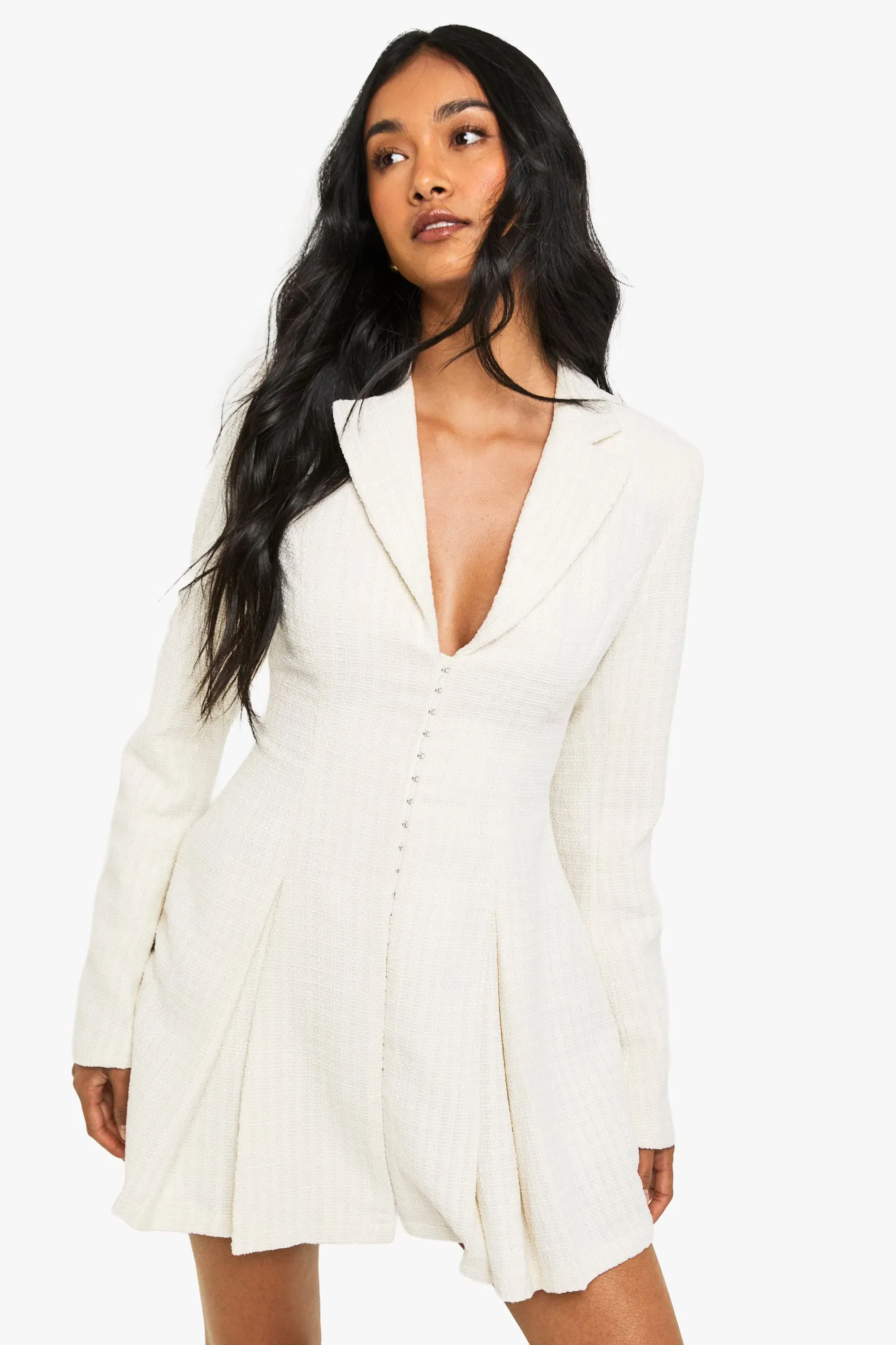 Boucle Tailored Hook & Eye Detail Cinched Waist Blazer dress