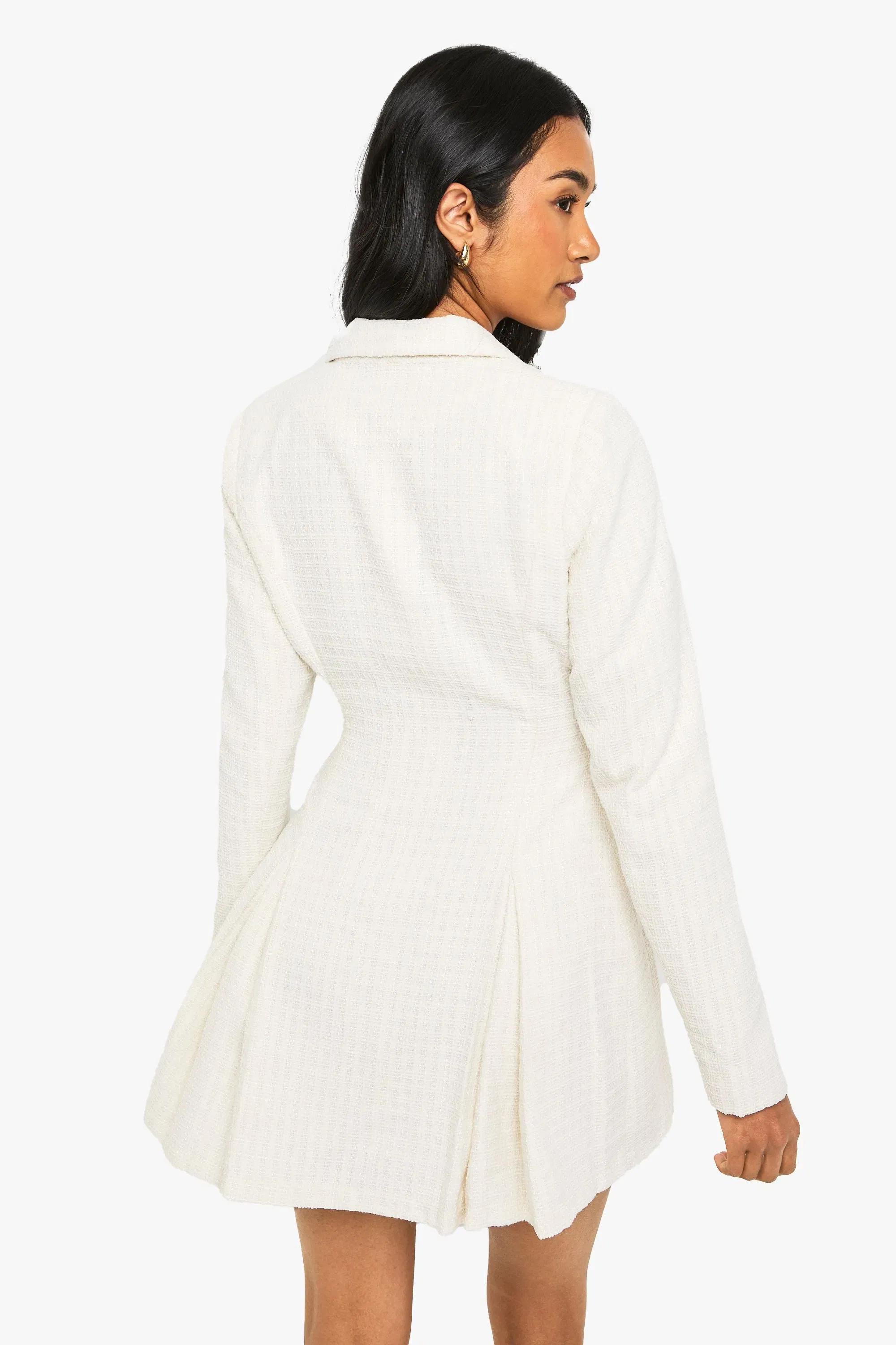 Boucle Tailored Hook & Eye Detail Cinched Waist Blazer dress