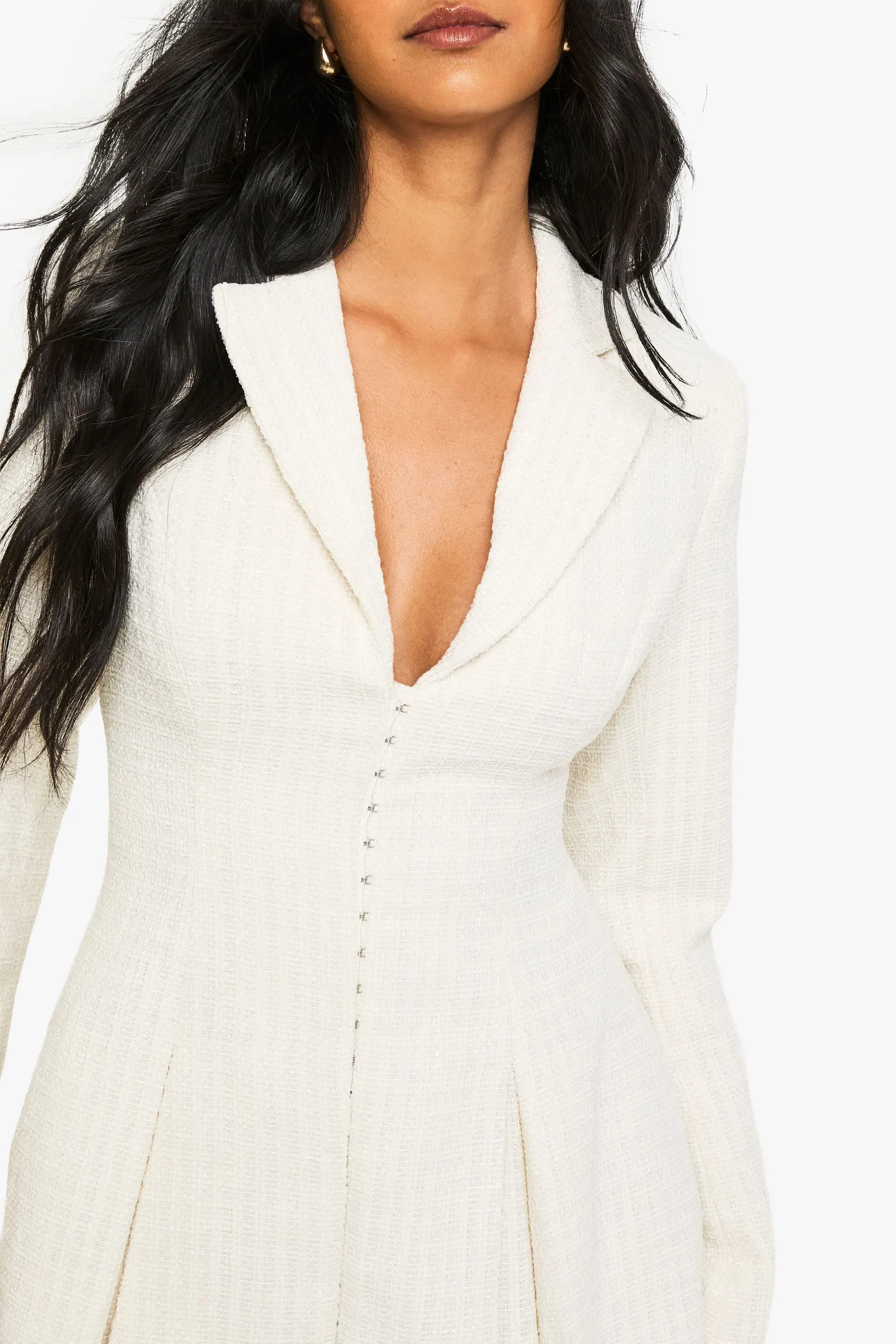 Boucle Tailored Hook & Eye Detail Cinched Waist Blazer dress