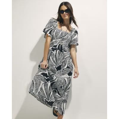 Black Tropical Leaf Shirred Midi Dress