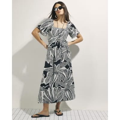 Black Tropical Leaf Shirred Midi Dress