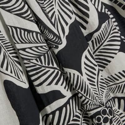 Black Tropical Leaf Shirred Midi Dress
