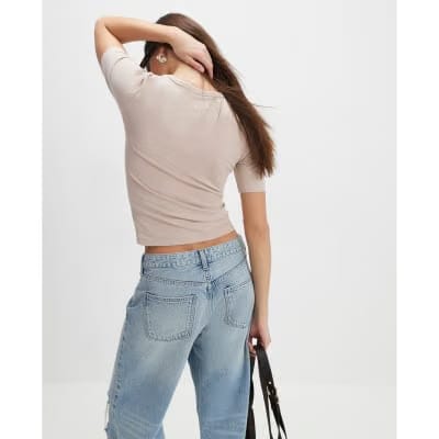 Beige Short Sleeve Fitted Top