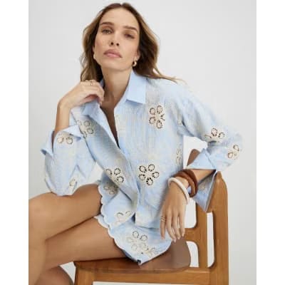 Blue Embroidered Crochet Shirt