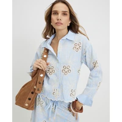 Blue Embroidered Crochet Shirt