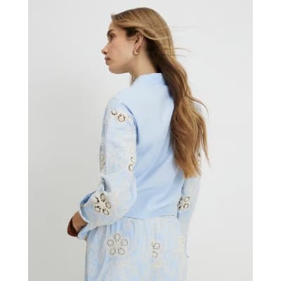 Blue Embroidered Crochet Shirt