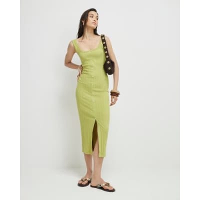 Green Sleeveless Ribbed Button Midi Dress