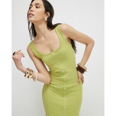 Green Sleeveless Ribbed Button Midi Dress