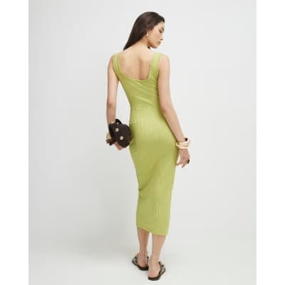 Green Sleeveless Ribbed Button Midi Dress