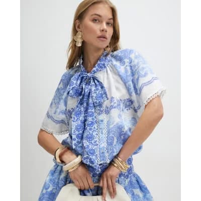Blue Floral Pussybow Blouse