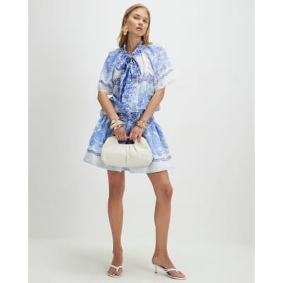 Blue Floral Pussybow Blouse