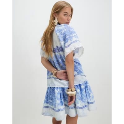 Blue Floral Pussybow Blouse