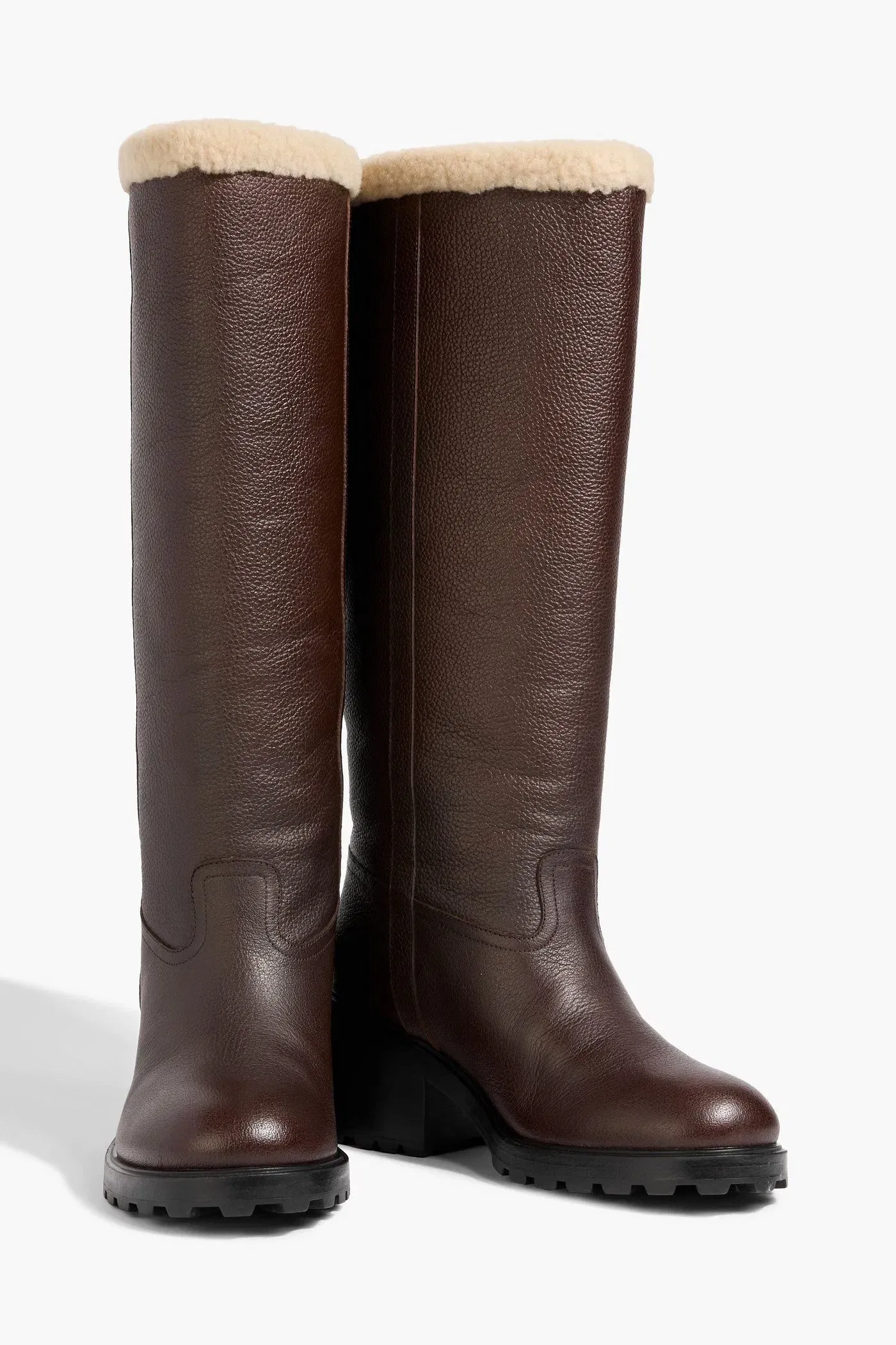 Bally Padma Pebbled-Leather And Shearling Knee Boots Chocolate Women's