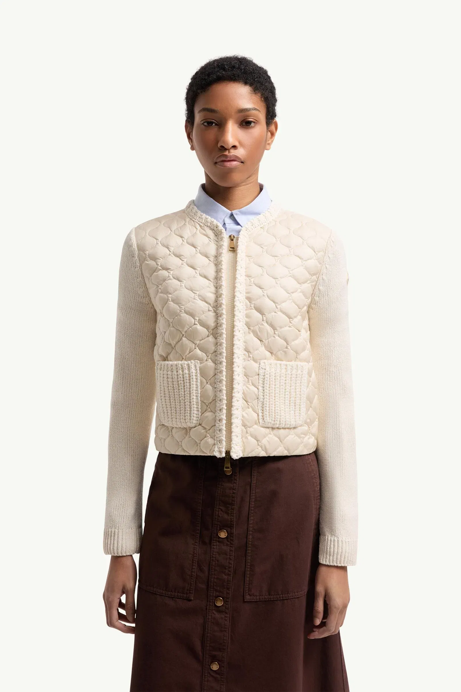 Moncler Geometric-Quilted Padded Zip-Up Cardigan White White